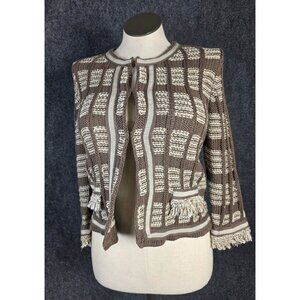 Chicos Brown & Cream Open Front Knit Cardigan Jacket Size 1 With Fringe Trim Det